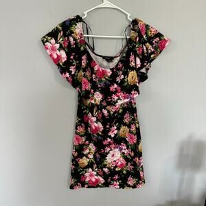 Forever 21 Black & Floral Body Con Mini Dress Women's Size Large Ruffle Upper